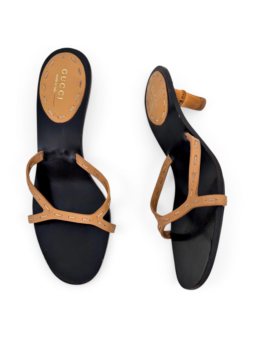 Vintage Gucci Tom Ford SS 2002 Bamboo Heel Black Leather Slip On Mules Sandals 6